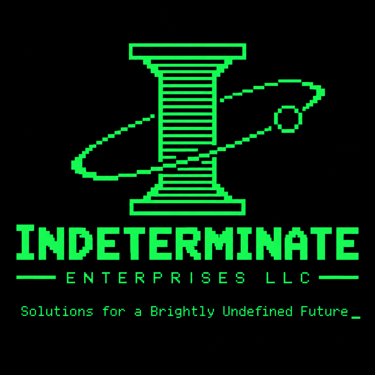 Indeterminate Enterprises LLC: green column encircled by an orbital ring. Solutions for a brightly undefined future.